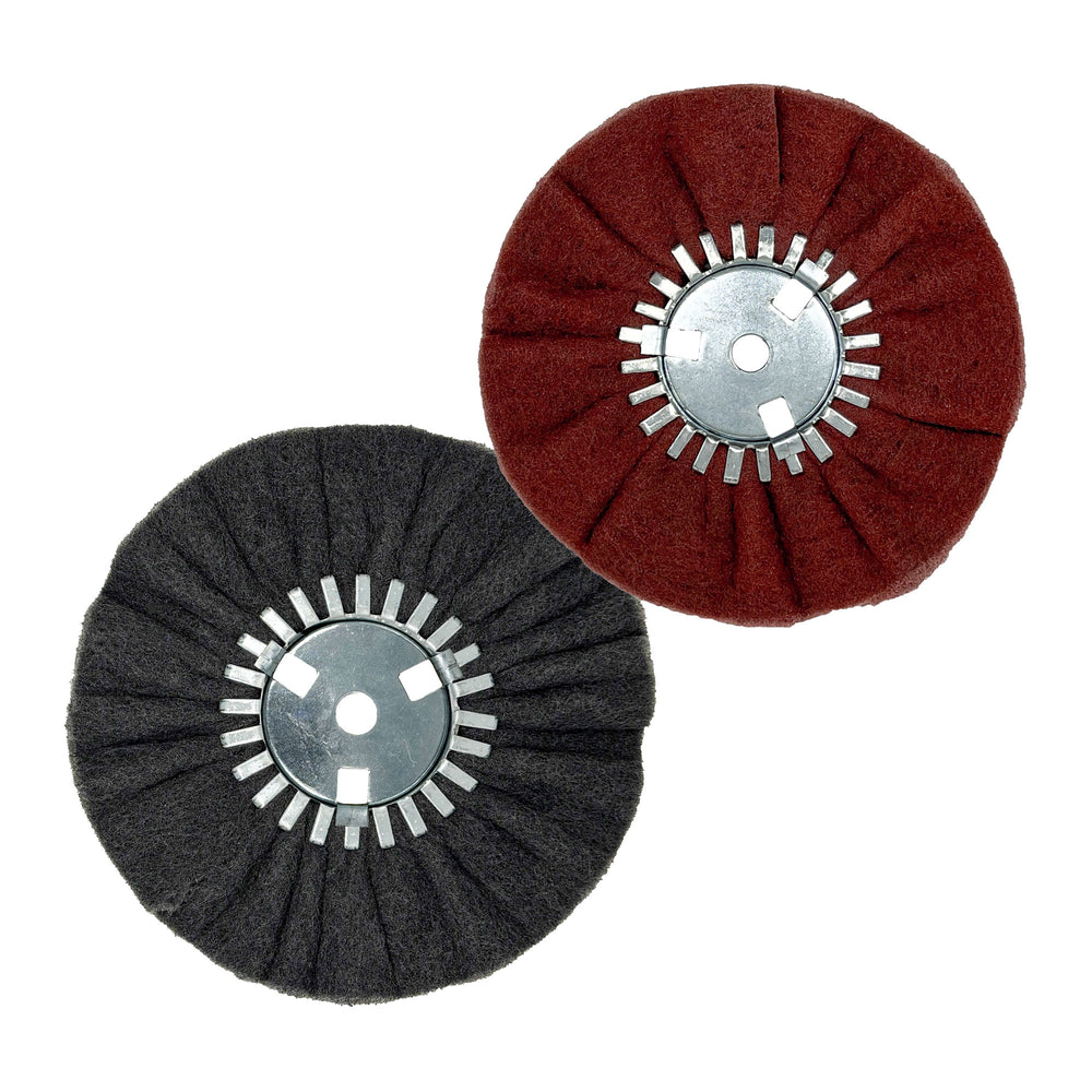 Pack of 5 Satin Airway Buffing Wheels for Angle Grinders, ideal for metal restoration.