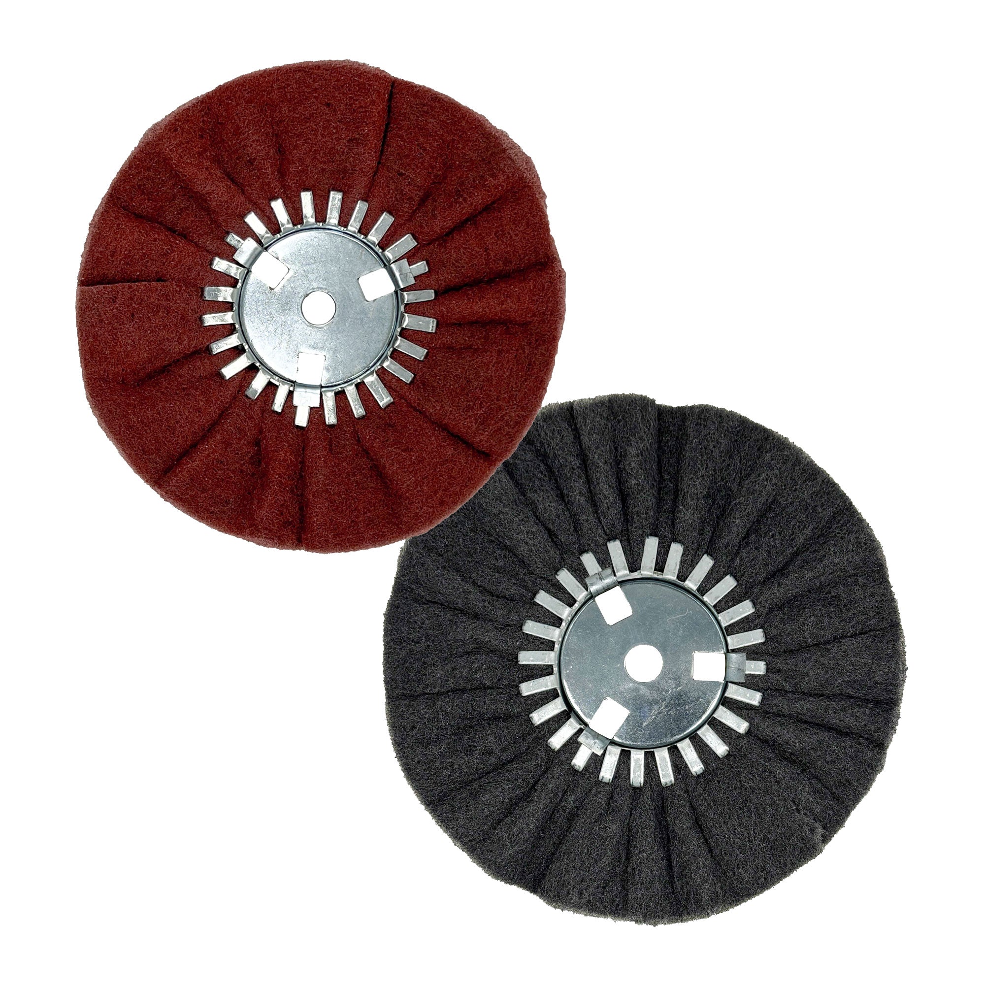 Ultra-Fine Black Satin Airway Buffing Wheel for Angle Grinders, ideal for metal restoration.