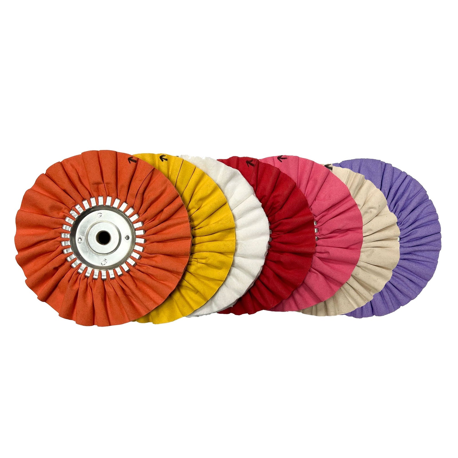 Alt text: Assorted 9 Solid-Center Airway Buffing Wheels for metal polishing, including orange, yellow, red, and pink options for different metals.