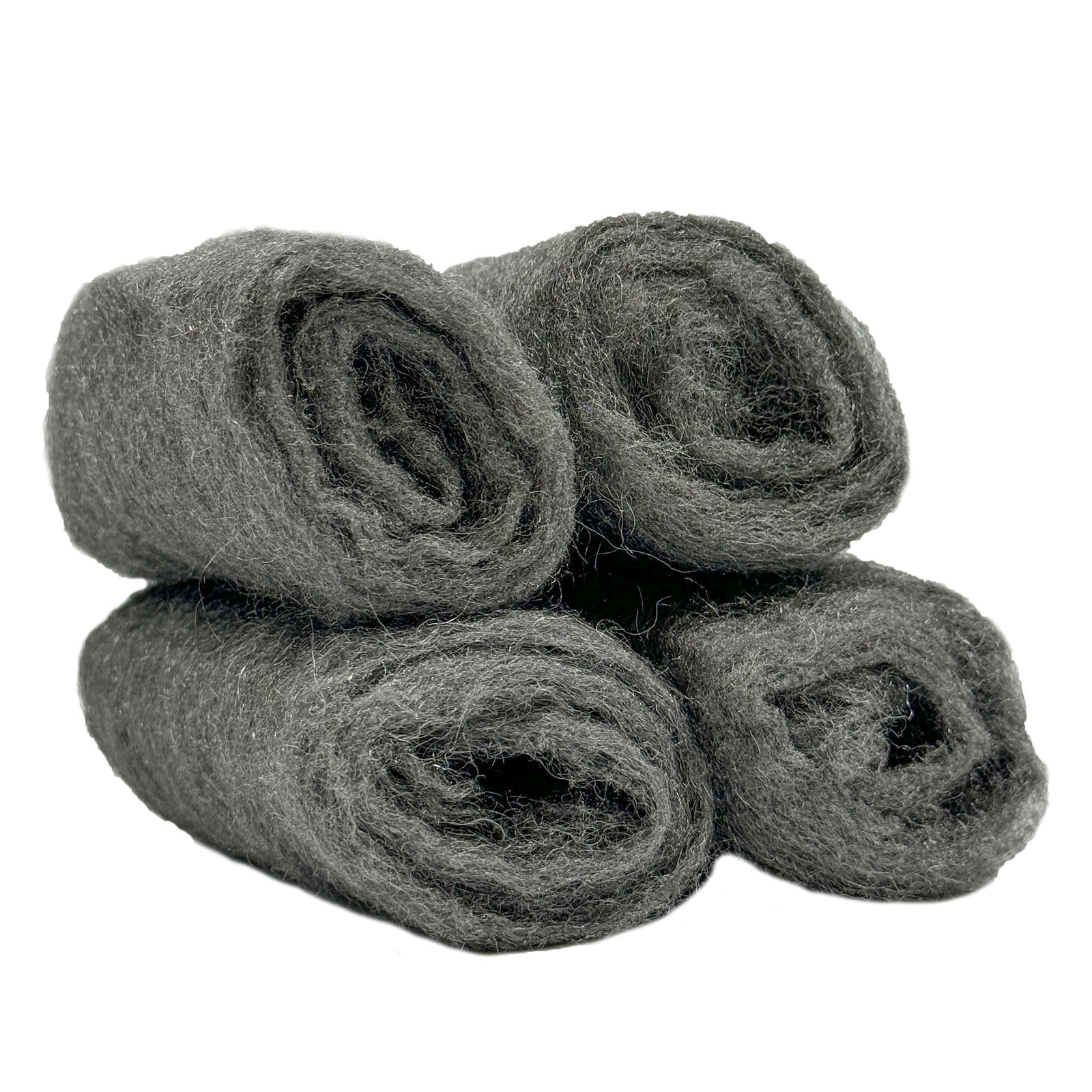 Four rolls of #0000 steel wool for polishing metals and cleaning tire whitewalls, displayed in packaging.