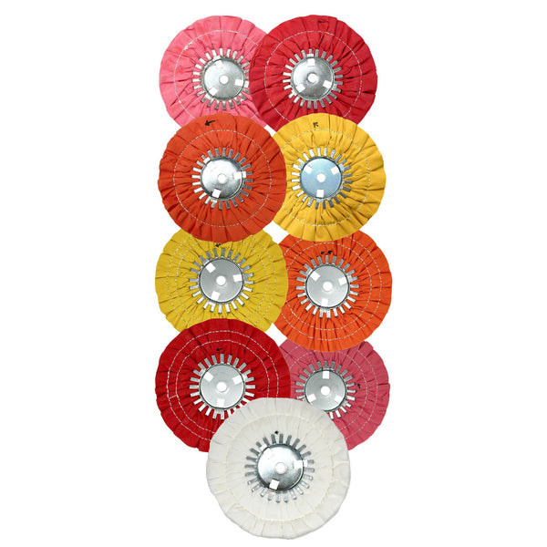 Assorted 9-inch Stitched Airway Buffing Wheels for precise metal polishing, available in multiple colors for different metals.