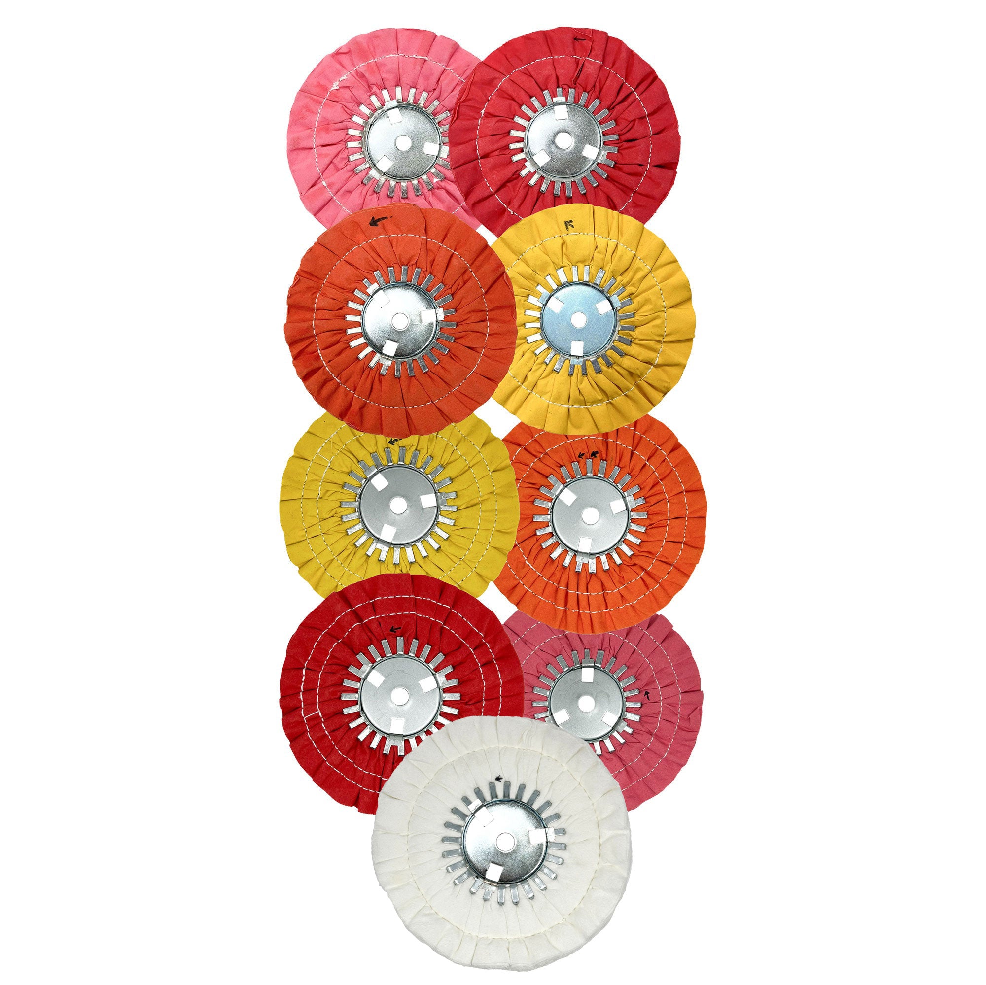Assorted 9-inch Stitched Airway Buffing Wheels for precise metal polishing, available in multiple colors for different metals.