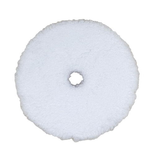 Stack of synthetic wool polishing pads for metal and paint restoration on a white background.