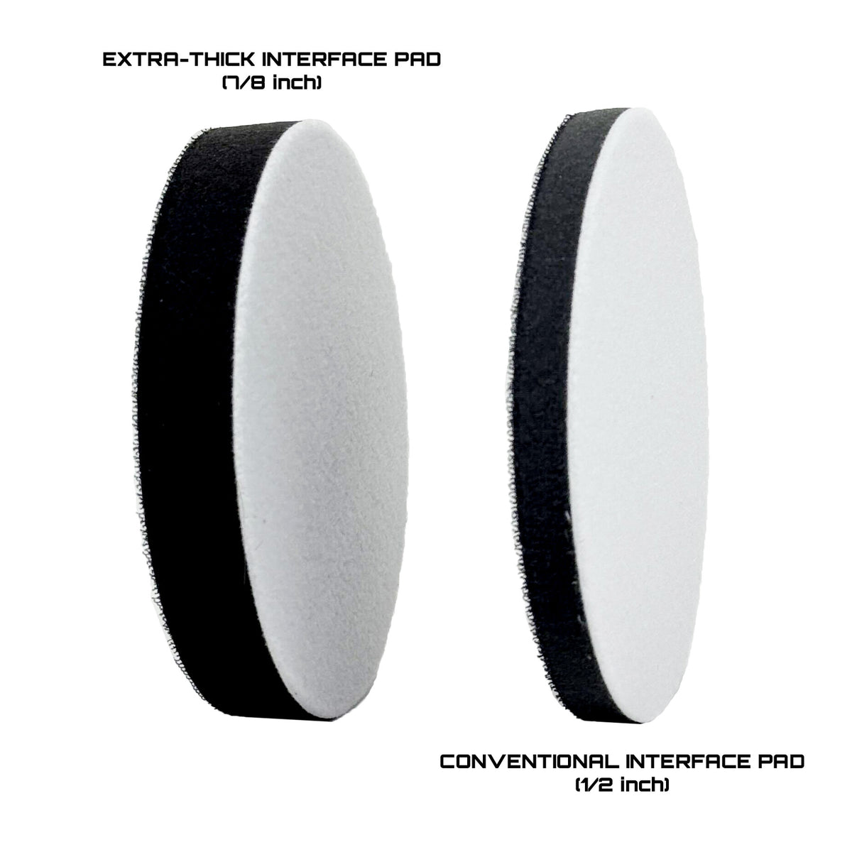 Three-pack of extra-thick 5-inch sanding interface pads with hook and loop system for enhanced contour sanding.