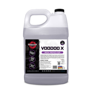 1 gallon bottle of renegade products voodoo x iron remover with black cap on a white background highlighting safe use on paint and wheels, acid free and ph balanced, an ability to remove iron particles and contaminants