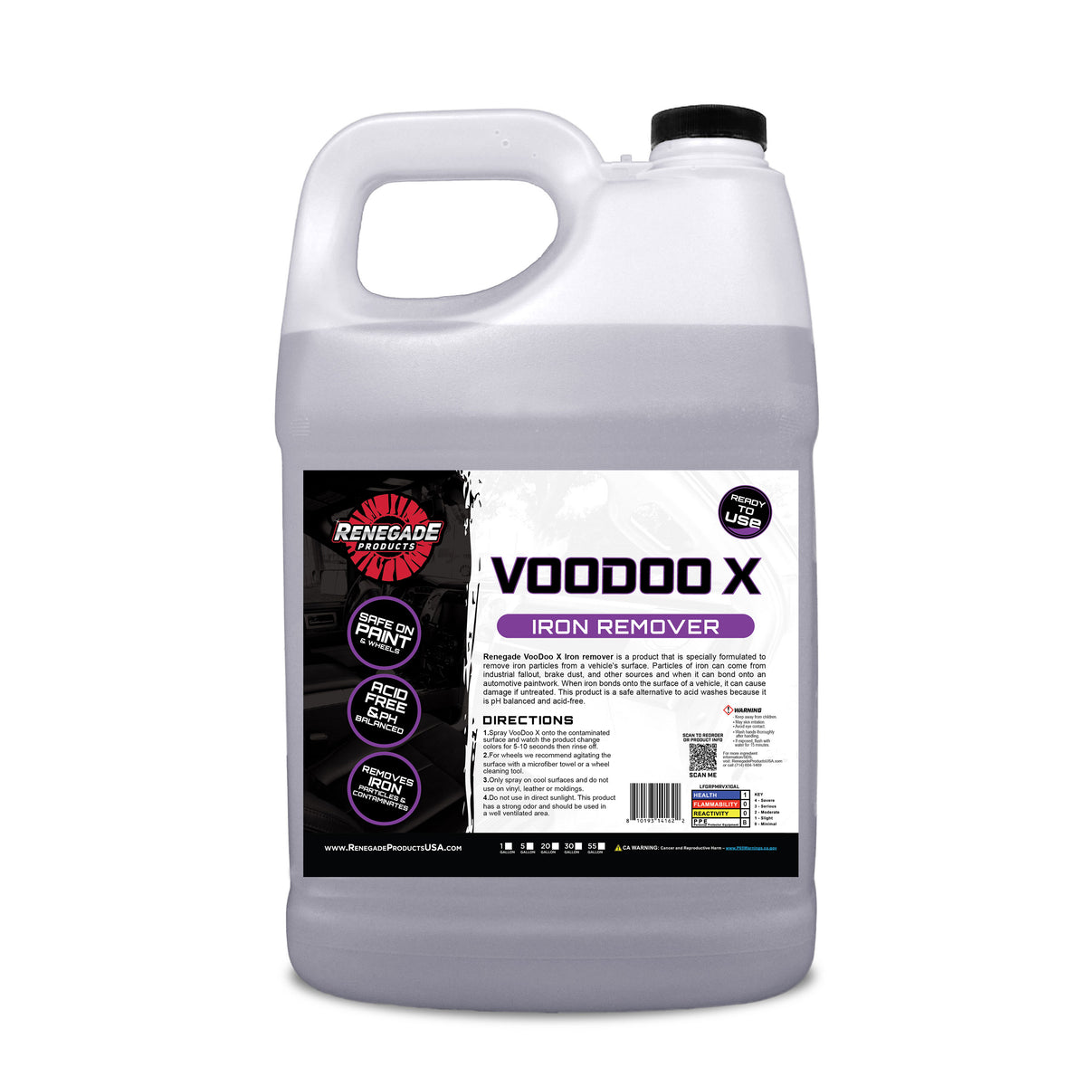 1 gallon bottle of renegade products voodoo x iron remover with black cap on a white background highlighting safe use on paint and wheels, acid free and ph balanced, an ability to remove iron particles and contaminants