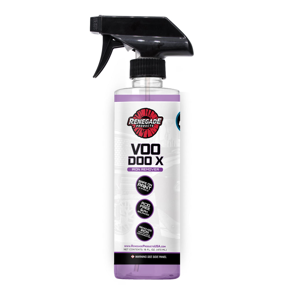 bottle of renegade products voodoo x iron remover with black trigger handle on a white background highlighting safe use on paint and wheels, acid free and ph balanced, an ability to remove iron particles and contaminants