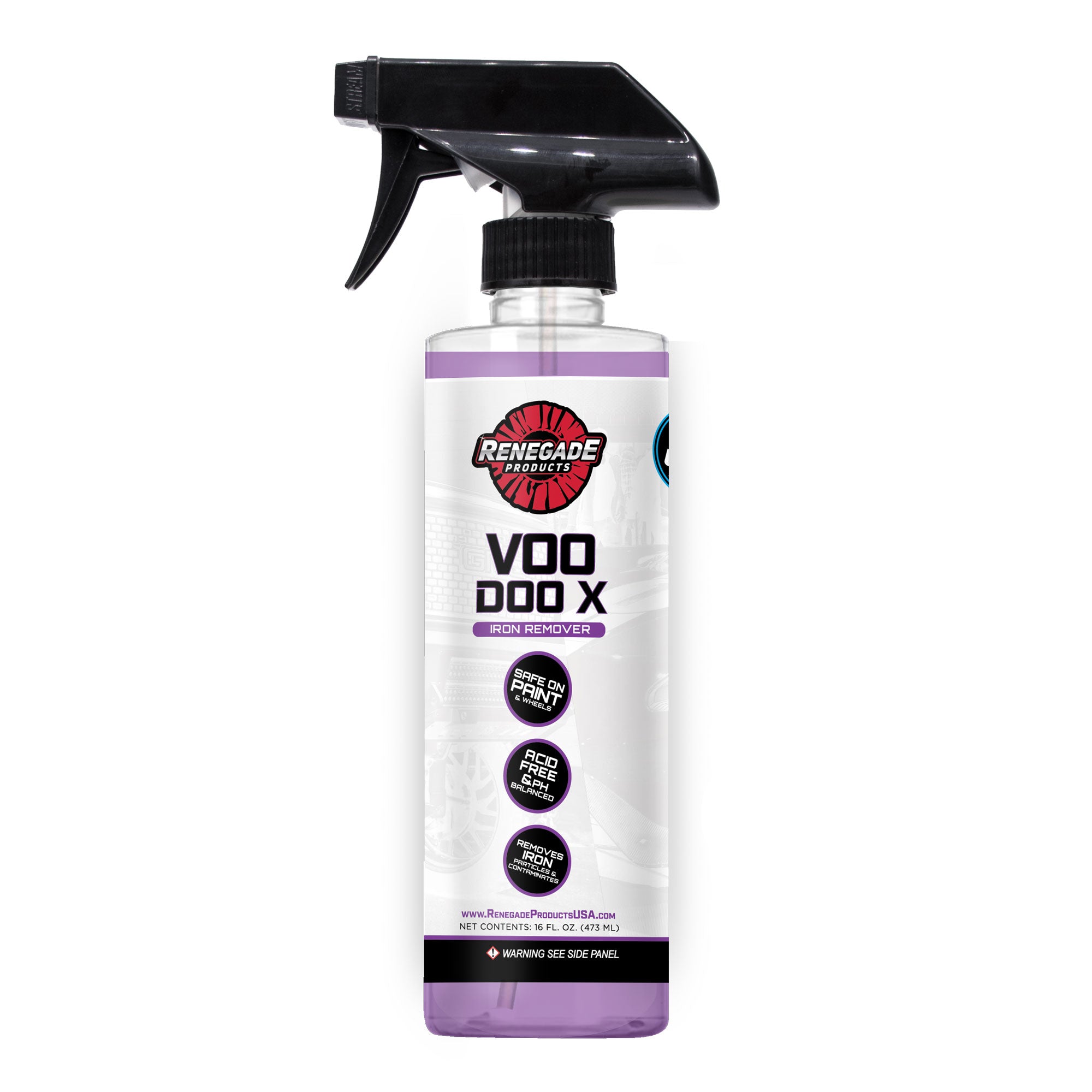 bottle of renegade products voodoo x iron remover with black trigger handle on a white background highlighting safe use on paint and wheels, acid free and ph balanced, an ability to remove iron particles and contaminants