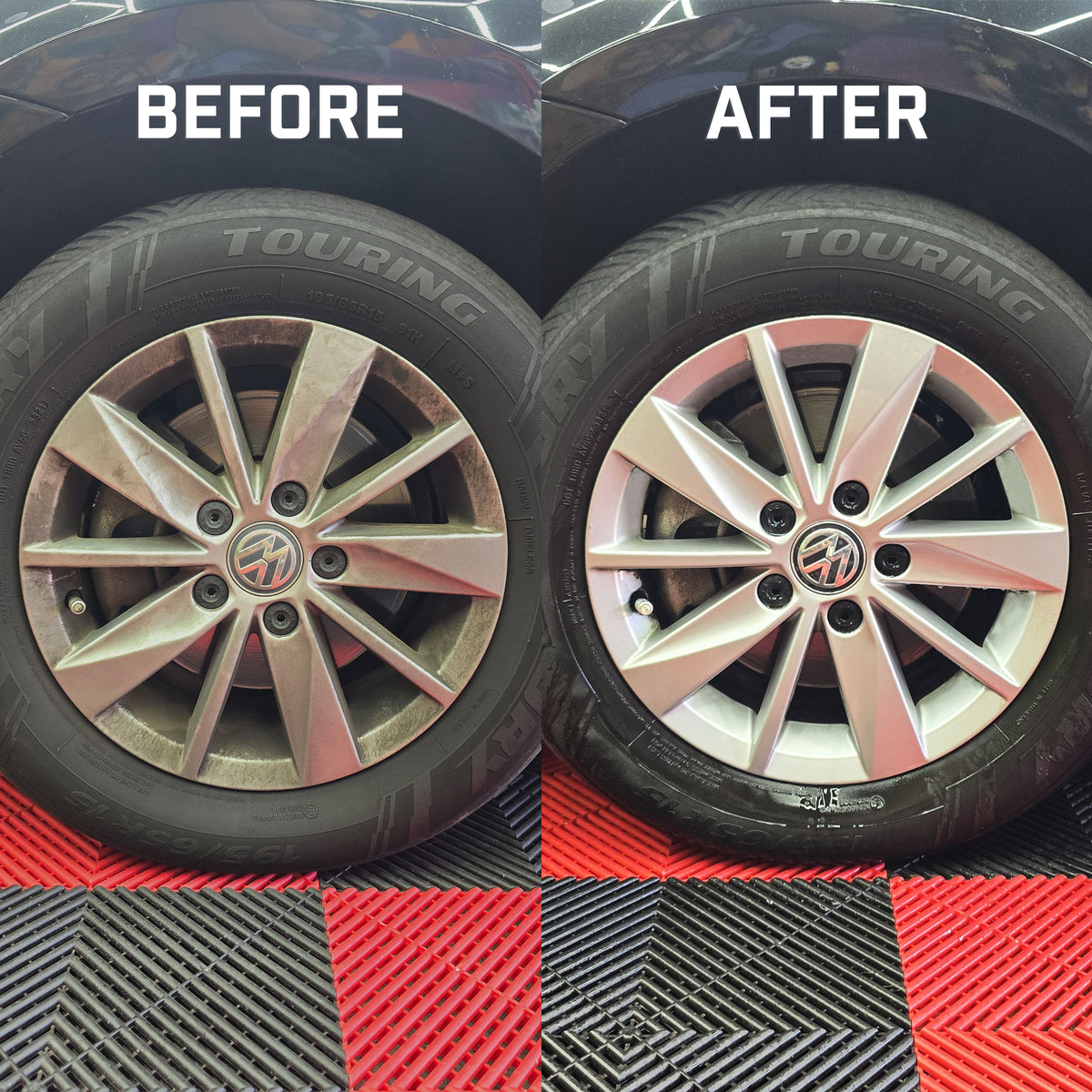 Before and after comparison of a car wheel on a checkered floor after being cleaned with renegade products voodoo x iron remover