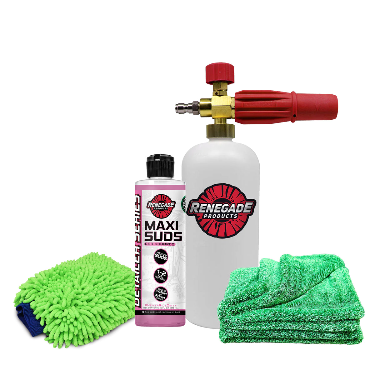 Alt text: Renegade Wash Kit including foam cannon, Maxi Suds shampoo, microfiber wash mitt, and drying towel for effective car cleaning.