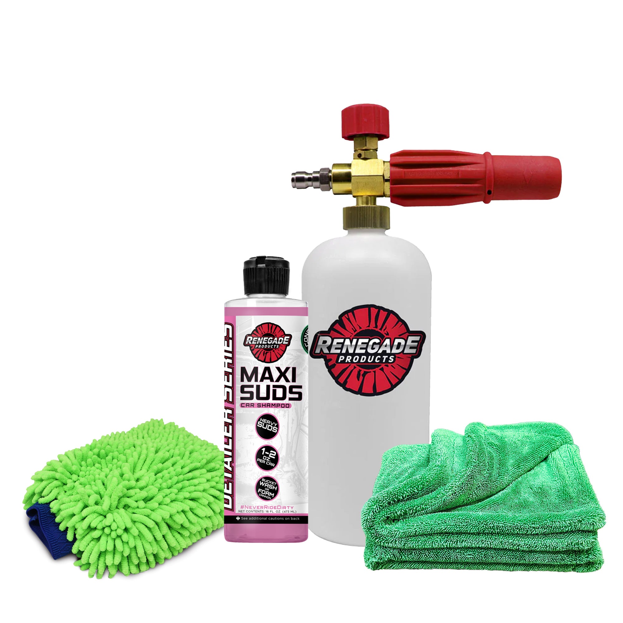 Alt text: Renegade Wash Kit including foam cannon, Maxi Suds shampoo, microfiber wash mitt, and drying towel for effective car cleaning.