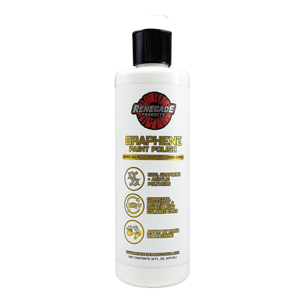 Renegade Products Graphene Paint Polish for light-colored cars, offering correction, protection, and shine with graphene and acrylic polymers.