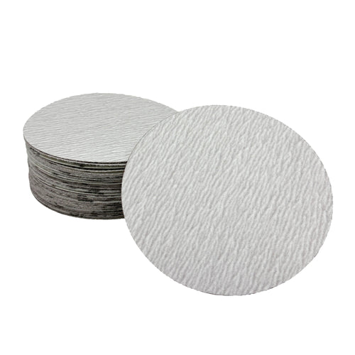 Pack of 50 white and gold 5 and 6 hook & loop aluminum oxide sanding discs for metal polishing, available in various grits.