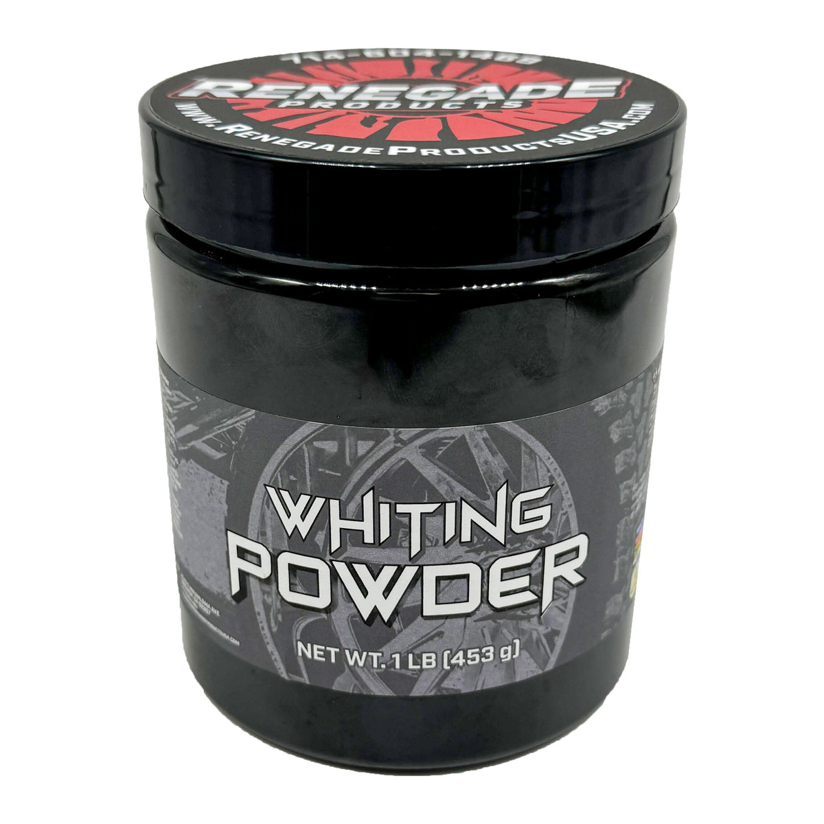 Alt text: Container of Renegade Whiting Powder for cleaning and polishing various metal surfaces.