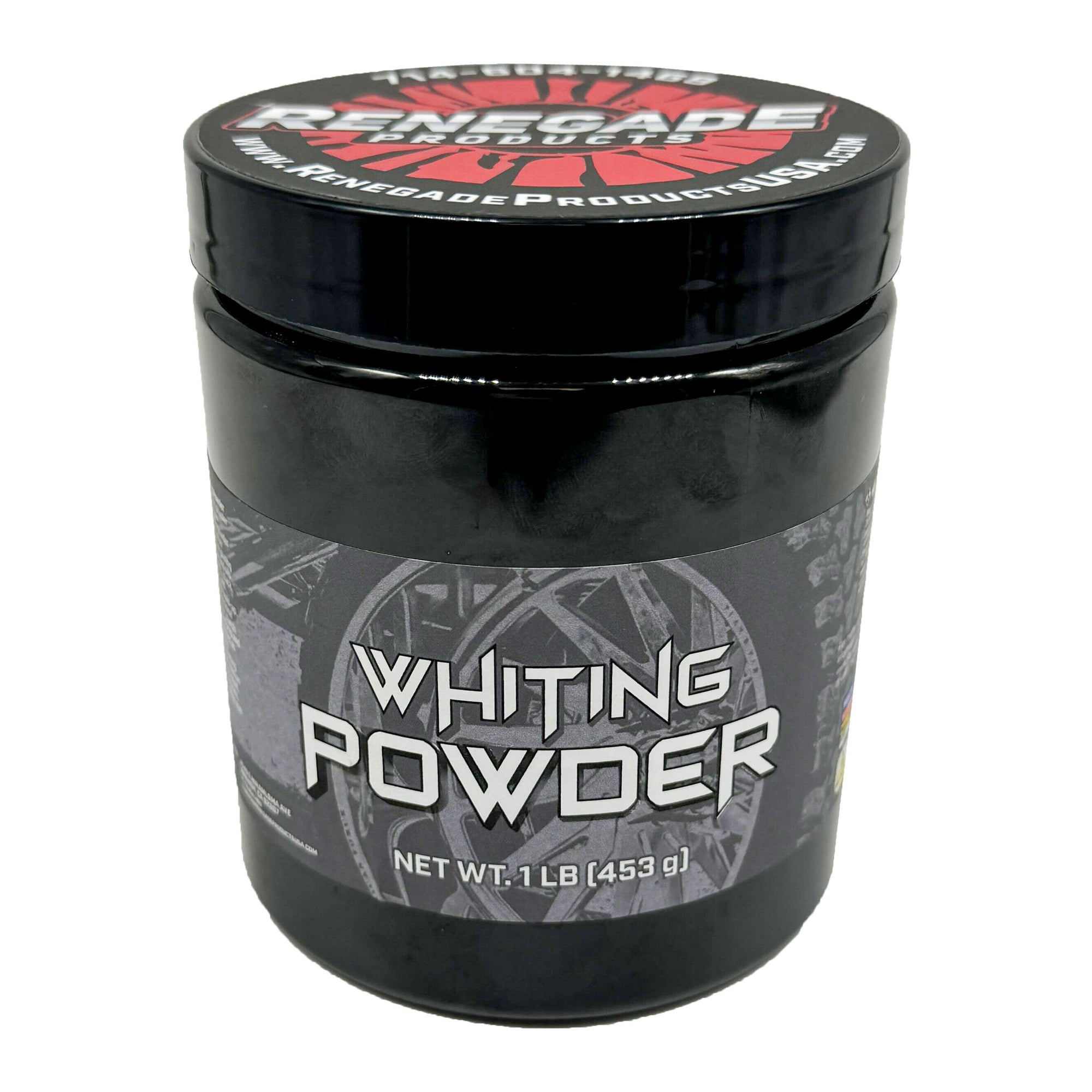 Alt text: Container of Renegade Whiting Powder for cleaning and polishing various metal surfaces.