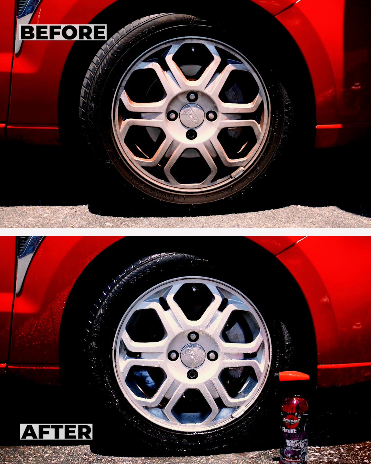 Renegade Voodoo X Iron Remover bottle with before and after images showing effectiveness on vehicle surfaces.