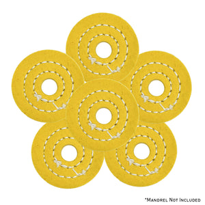 Assorted mini buffing wheels in yellow mill treat and untreated muslin, showing various sizes and ply counts for detailed polishing tasks.