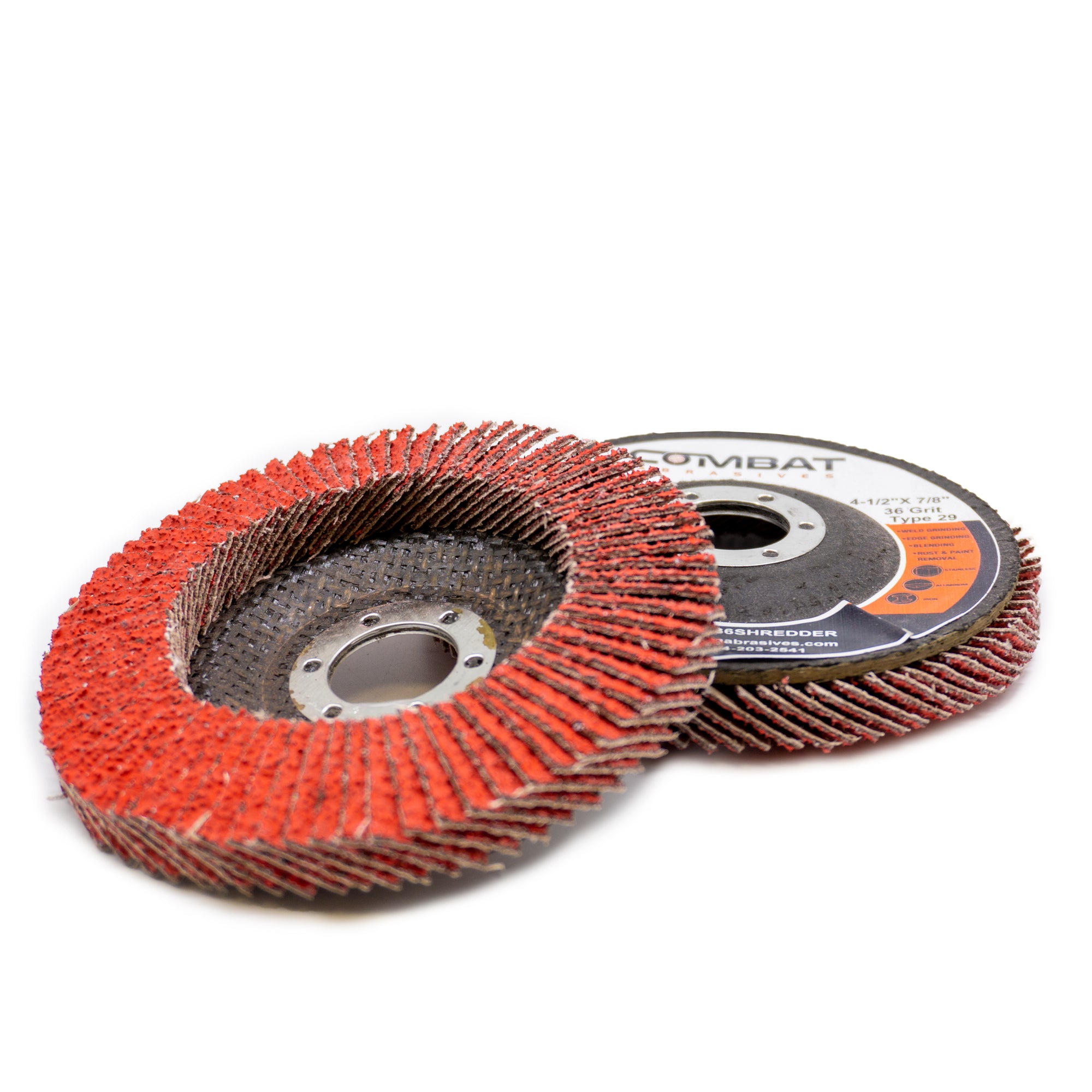 Alt text: Ceramic Shredder High Density Flap Discs 4-1/2 x 7/8, Type 29, ideal for rapid material removal on metal and wood.
