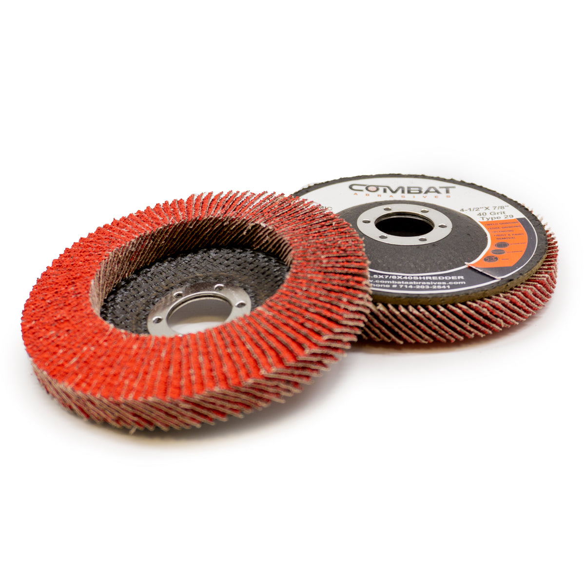Top and bottom view of Renegade Products USA Ceramic Shredder High Density Flap Discs, sized 4-1/2&quot; x 7/8&quot; (Type 29), with a 40 Grit texture. The image illustrates the robust and dense construction of the discs, emphasizing their quality. Designed for demanding grinding and polishing tasks, these high-density flap discs offer consistent performance and durability for metalworking applications.