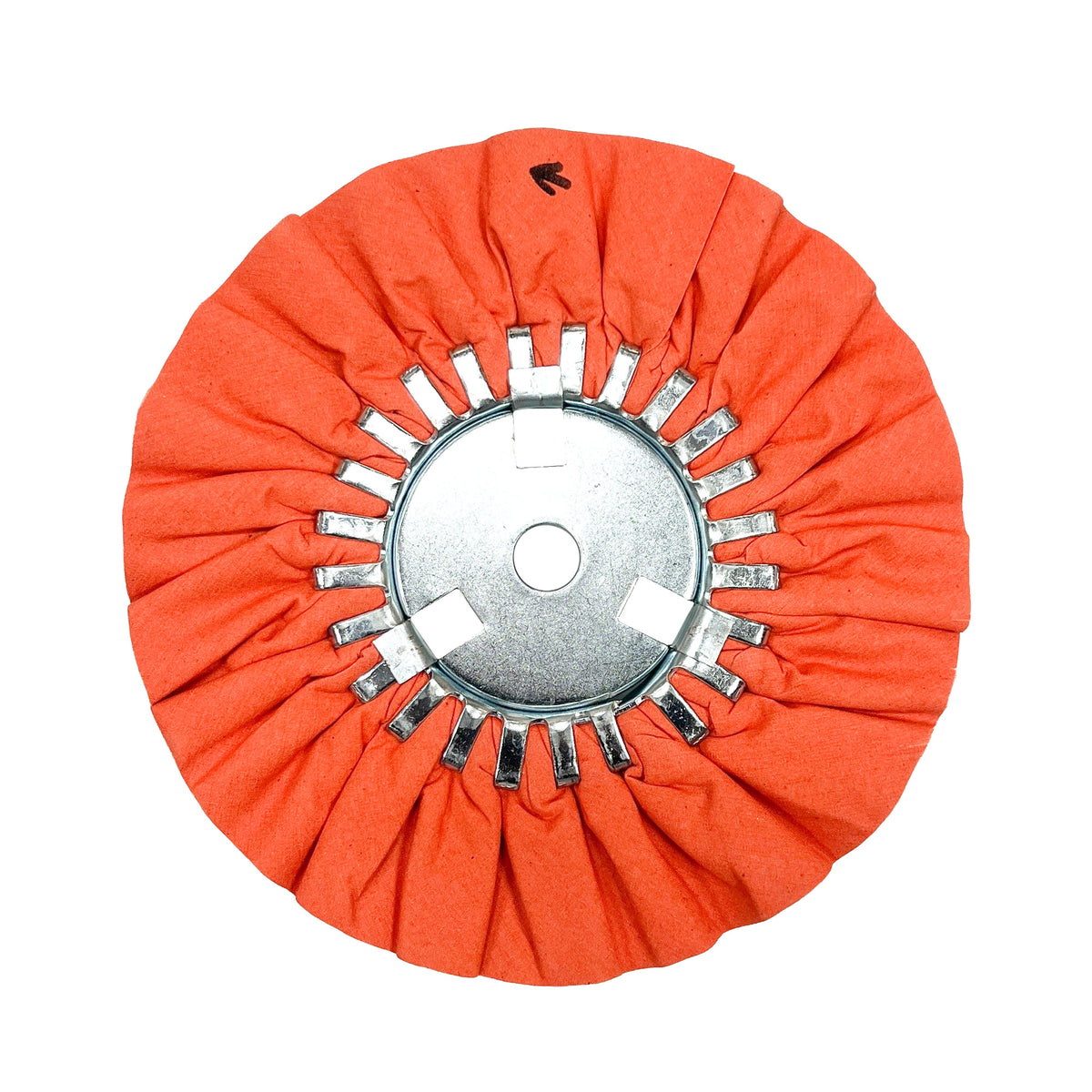 Renegade Products USA&#39;s orange airway buffing wheel with center plate, designed for efficient and professional buffing and polishing tasks
