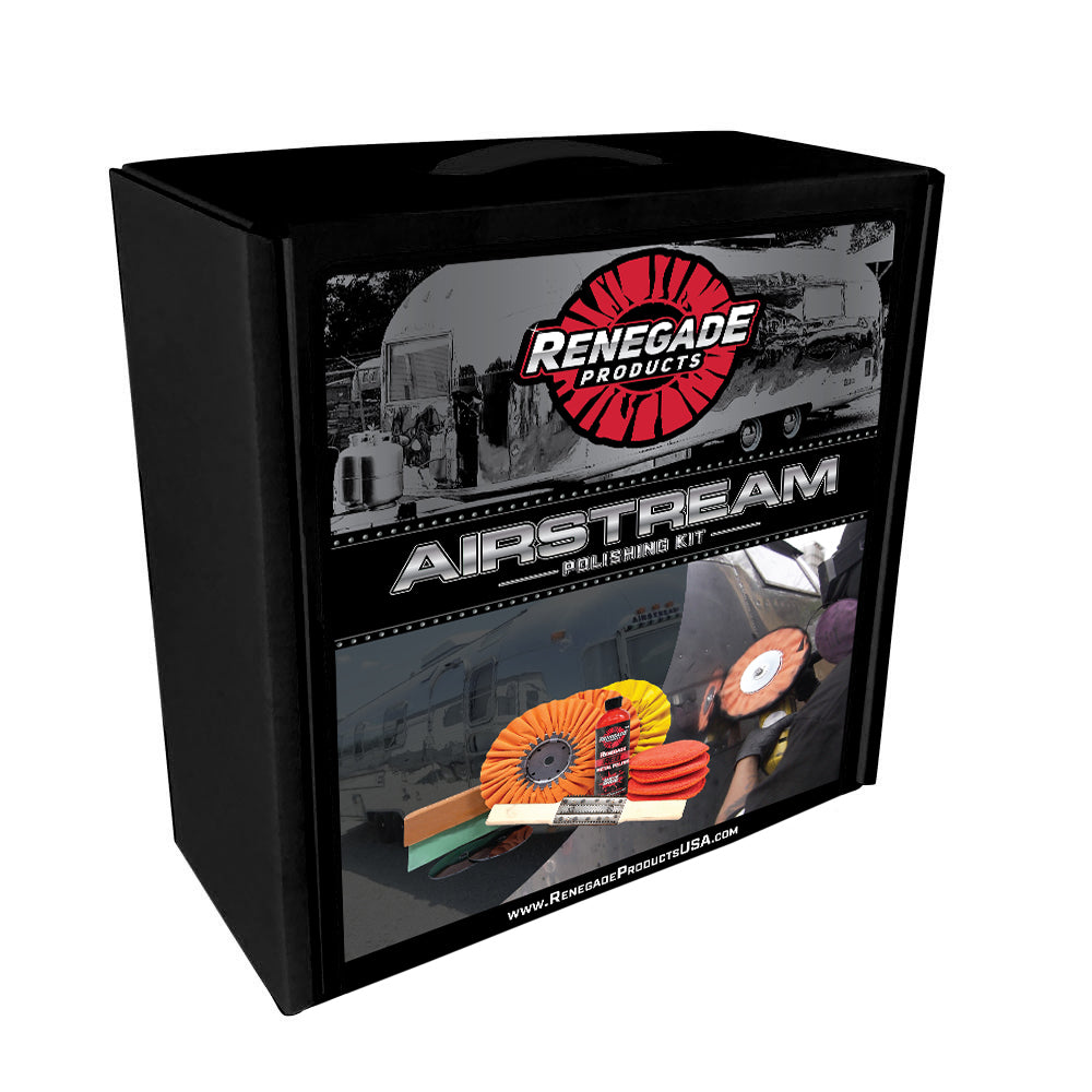 Renegade Products USA&#39;s Airstream Polishing Kit, featuring airway buffs, compound bar, metal polish, buffing rake, and more, for professional polishing
