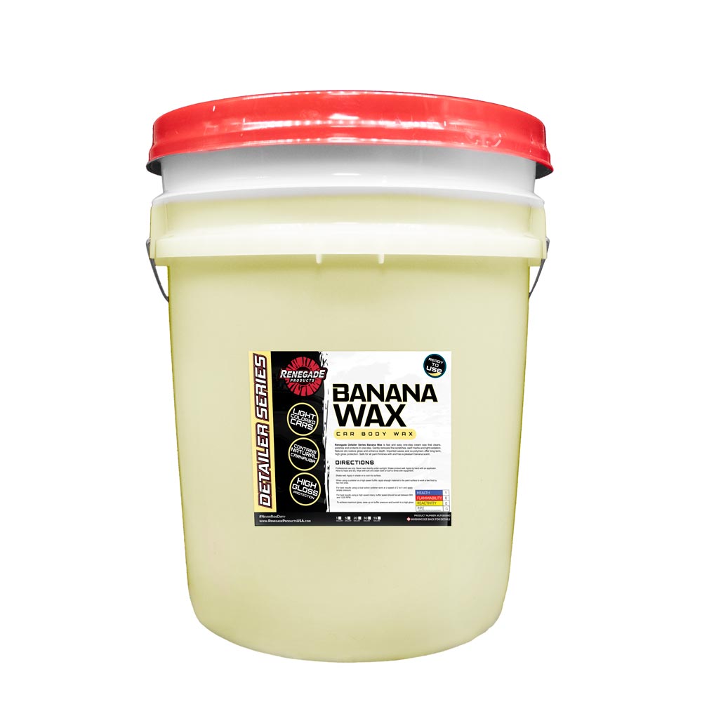 5-gallon pail of Renegade Products USA Banana Wax Vehicle Body Wax, a large container with a sturdy handle, filled with yellow glossy wax designed for professional use in protecting and enhancing the appearance of vehicle bodies.