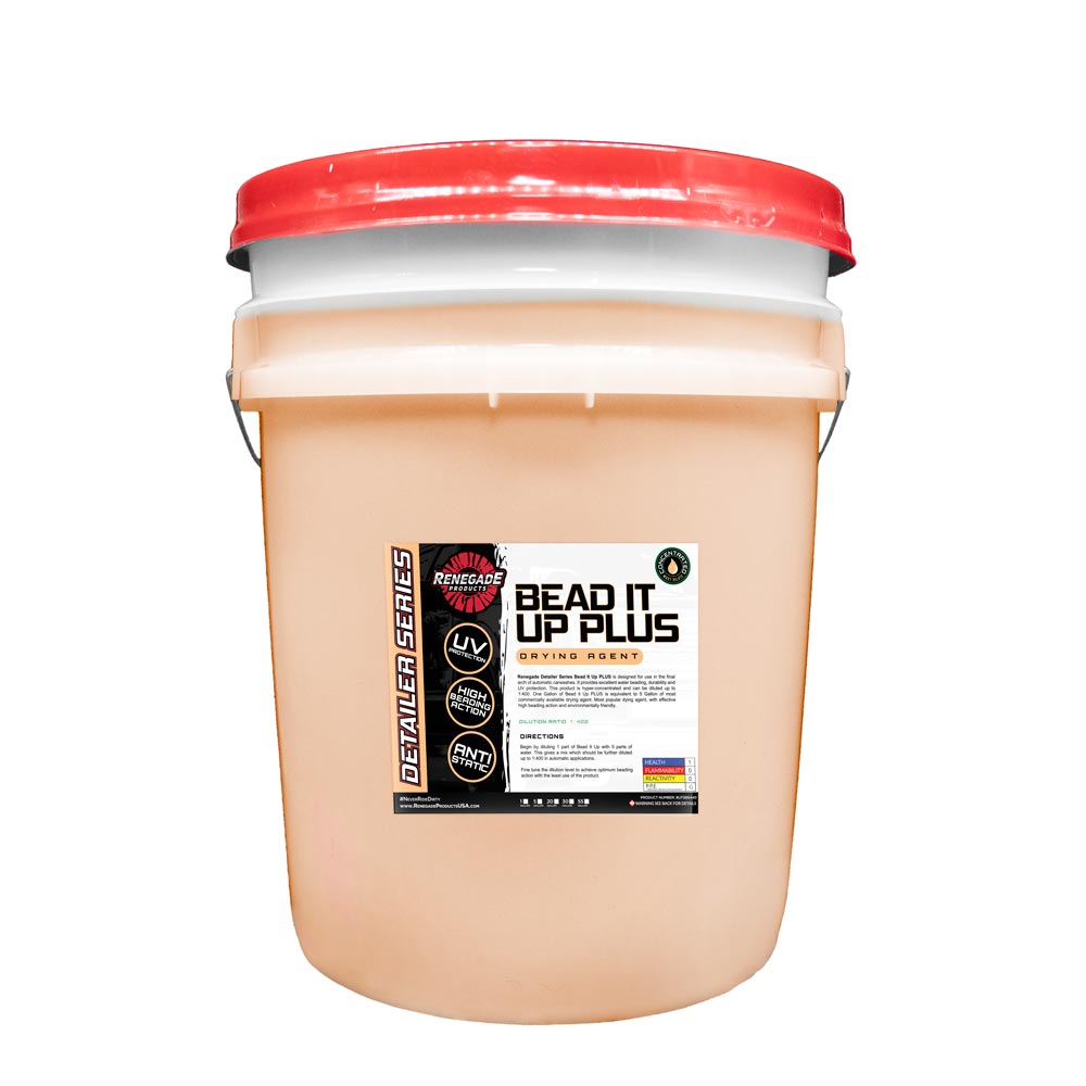 5-gallon container of Renegade Products USA Bead It Up Plus Drying Agent, shown in a robust pail with a handle. This large-sized container is intended for professional use and is formulated to enhance the drying process on vehicle surfaces, creating a streak-free shine.