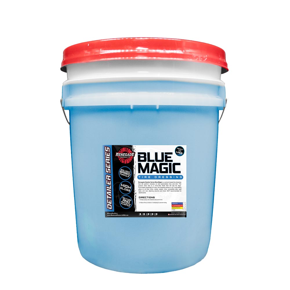 5-gallon pail of Renegade Products USA Blue Magic Tire Dressing, displayed with a sturdy handle and clear branding. Ideal for professional use, this large container holds a high-quality tire dressing formulated to enhance and protect tires, giving them a revitalized, glossy appearance.