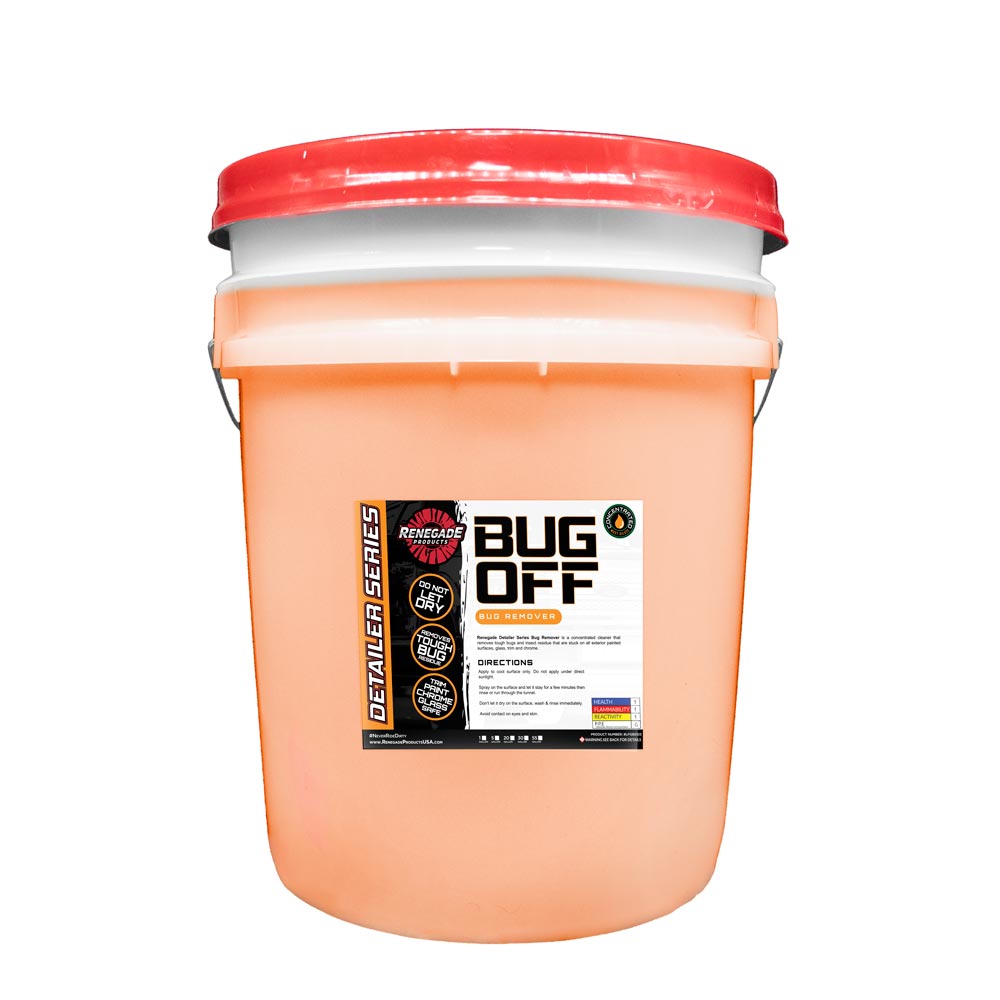 5-gallon pail of Renegade Products USA Bug Off Concentrated Bug Remover, shown with a strong handle and distinctive branding. This industrial-sized container is perfect for professional use and offers a powerful solution for effortlessly removing bugs and insects from vehicle surfaces, maintaining a clean and pristine appearance.
