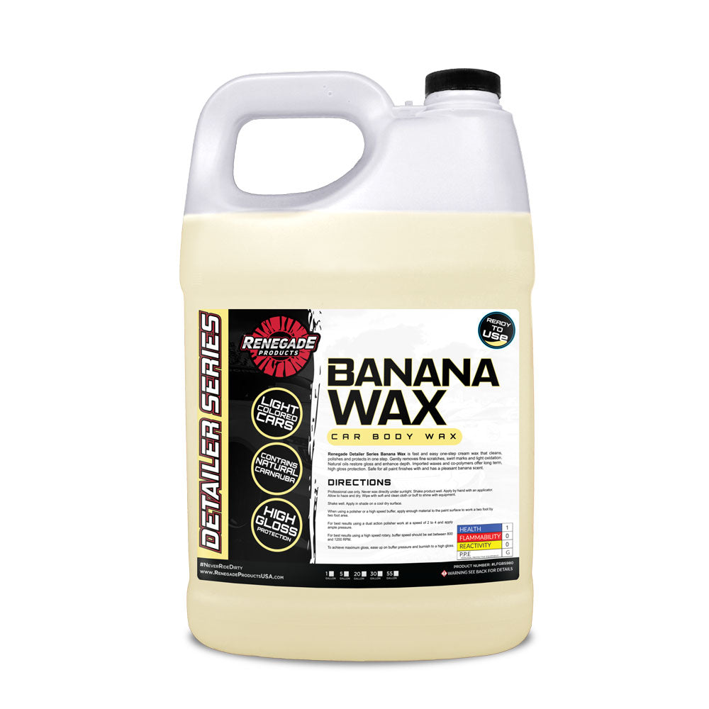 1-gallon container of Renegade Products USA Banana Wax Vehicle Body Wax, shown with its vibrant label. The container holds a yellow, banana-scented wax used for protecting and polishing the vehicle&#39;s exterior, providing a sleek and shiny finish.