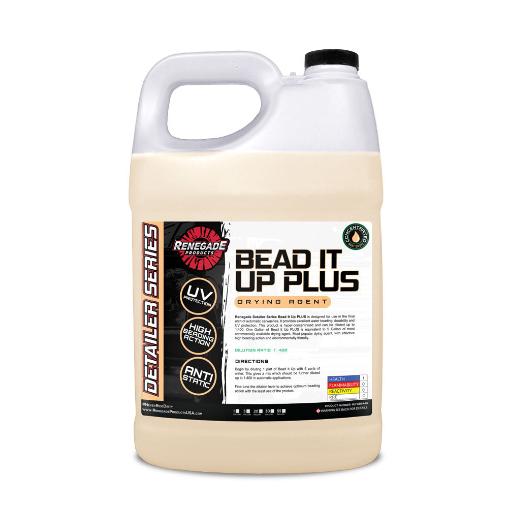 1-gallon container of Renegade Products USA Bead It Up Plus Drying Agent, displayed with its distinct label. This advanced drying agent is designed to repel water and accelerate the drying process on vehicle surfaces, ensuring a spot-free, gleaming finish.