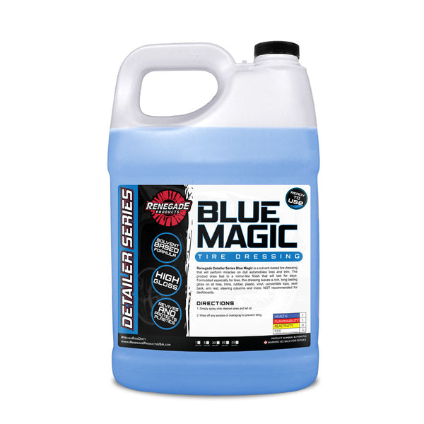 Blue Magic Tire Dressing bottle next to a shiny, newly treated tire, demonstrating the glossy finish and clean appearance.