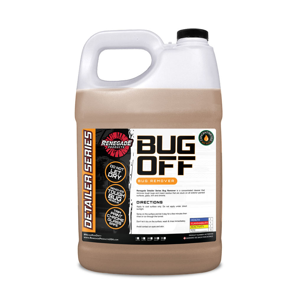 1-gallon container of Renegade Products USA Bug Off Concentrated Bug Remover, prominently displayed with its eye-catching label. Specially formulated to effortlessly remove bugs and other insects from the vehicle surfaces, this product ensures a clean and spot-free finish.