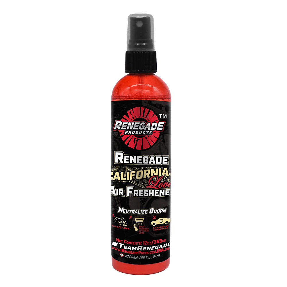 Alt text: Renegade California Love Air Freshener bottle, designed to eliminate strong odors in vehicles with a vanilla and spice scent.