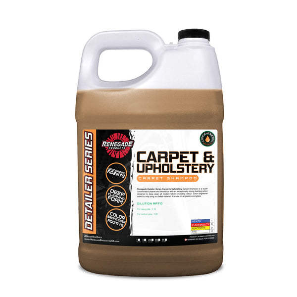 Bottle of Carpet & Upholstery Shampoo with label detailing its use for cleaning vehicle interiors and removing stains.