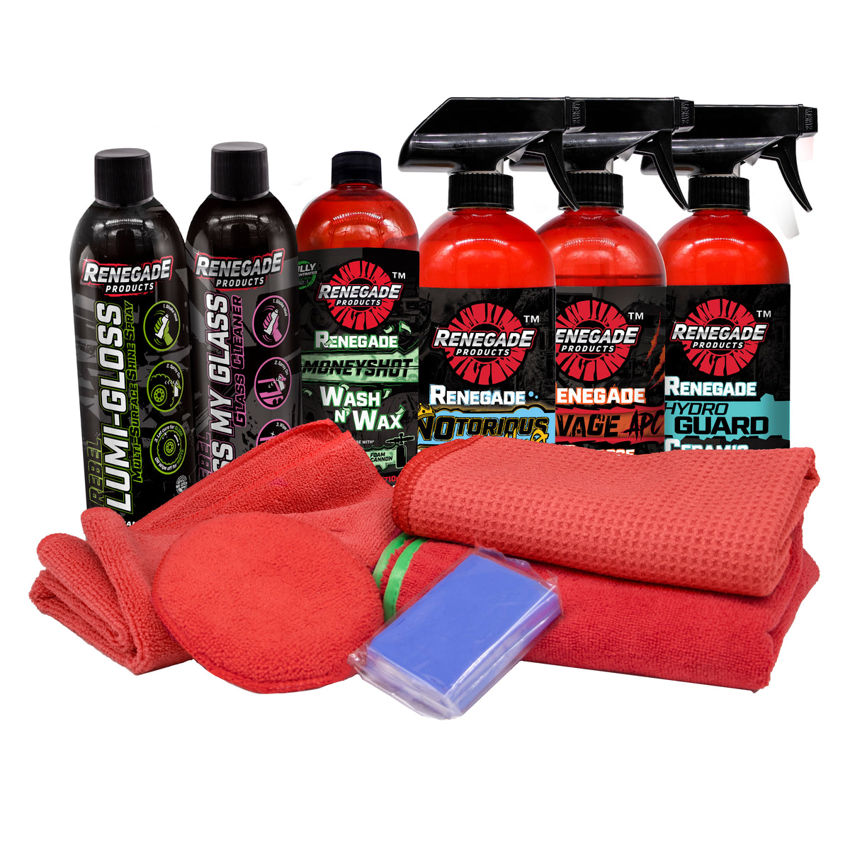 Assortment of included items in the Renegade Products USA Cars &amp; Coffee Detailing Kit, spread out to showcase each product. The kit contains various specialized cleaners, waxes, polishes, and applicators, all designed to provide a comprehensive detailing experience for vehicle enthusiasts. Everything you need for a professional-level cleaning, presented neatly and attractively.