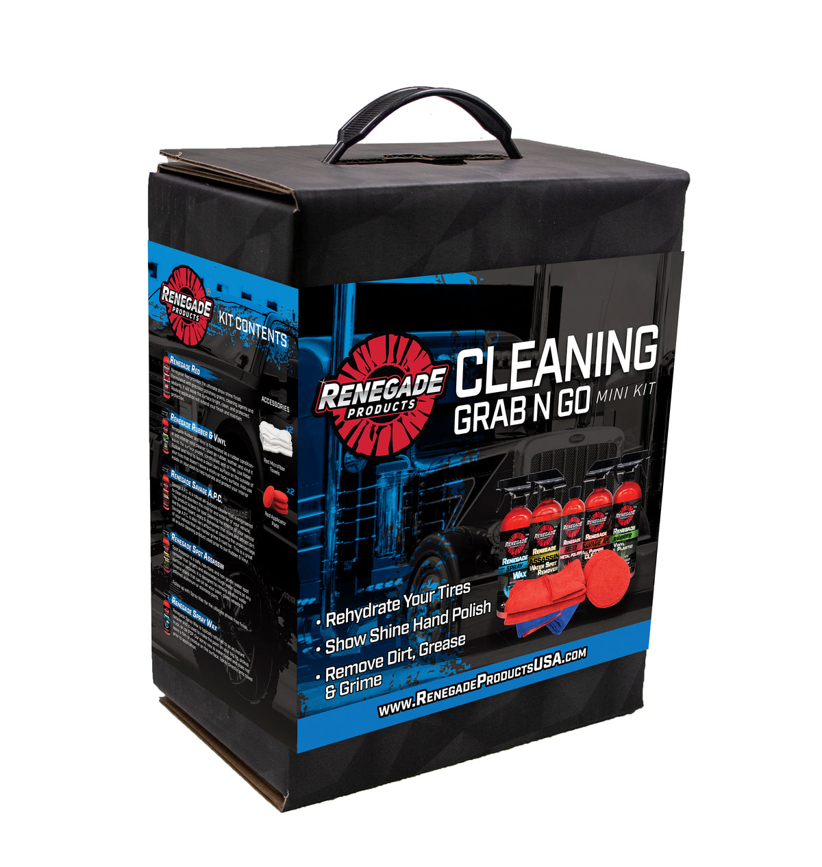 Compact Cleaning Grab-N-Go Mini Kit with essential car care products and microfiber towels for various vehicle types.