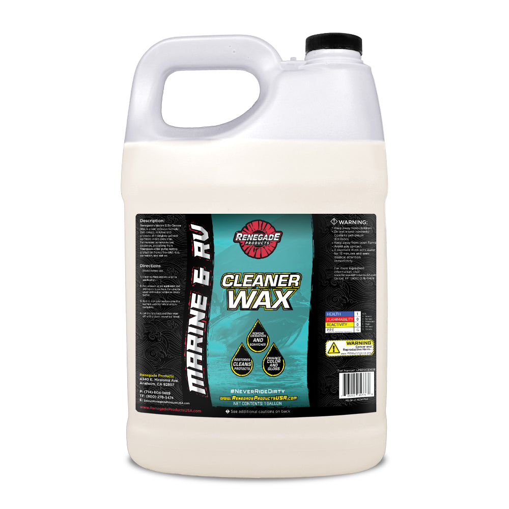 Marine &amp; RV Cleaner Wax bottle with label detailing non-abrasive, protective formula for fiberglass surfaces.