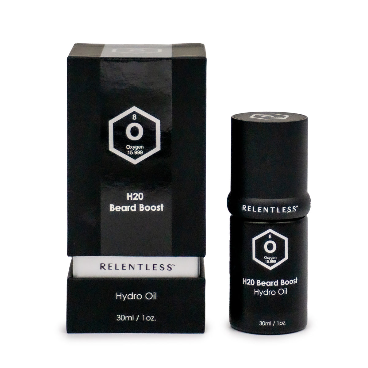 Alt text: Bottle of H20 Beard Boost oil with essential oils for beard growth and hydration, displayed with ingredients list.