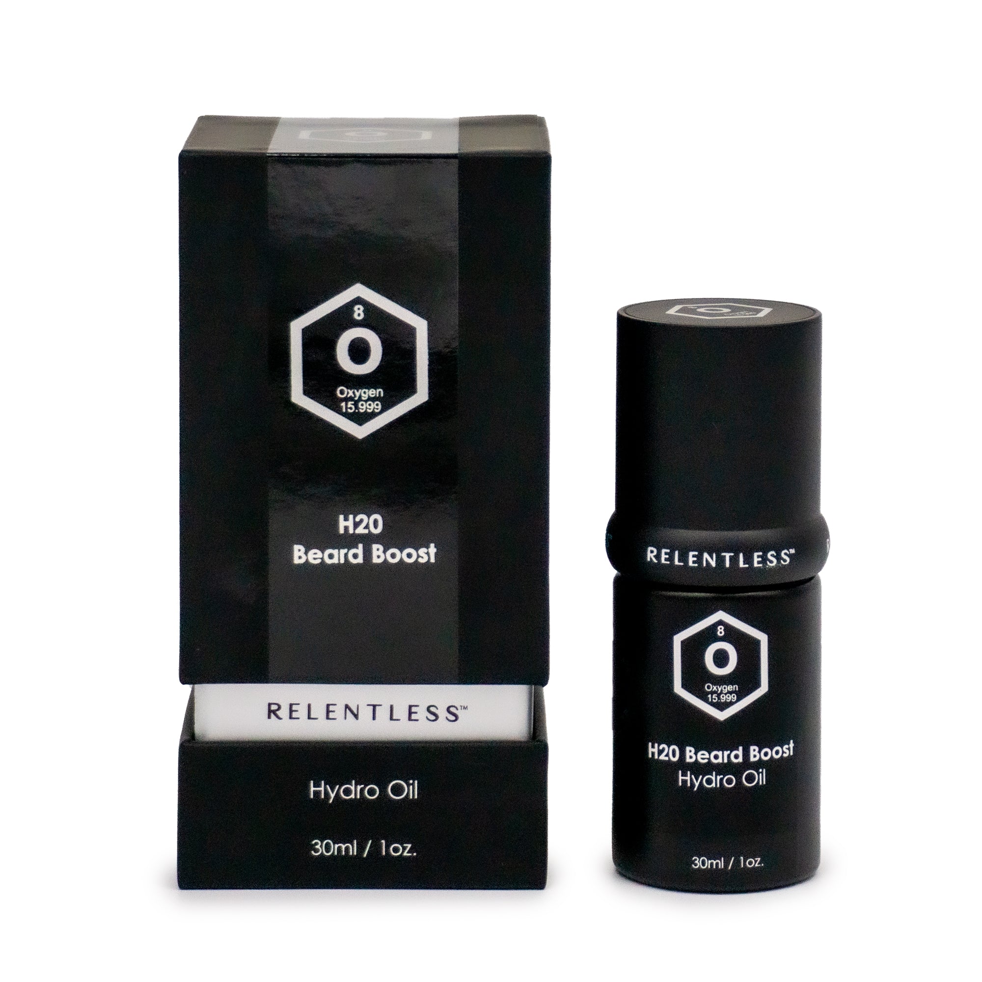 Alt text: Bottle of H20 Beard Boost oil with essential oils for beard growth and hydration, displayed with ingredients list.