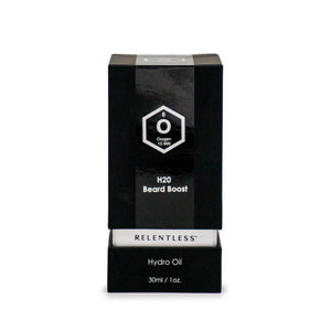 H20 Beard Boost oil bottle with natural ingredients displayed, ideal for enhancing beard growth and hydration.