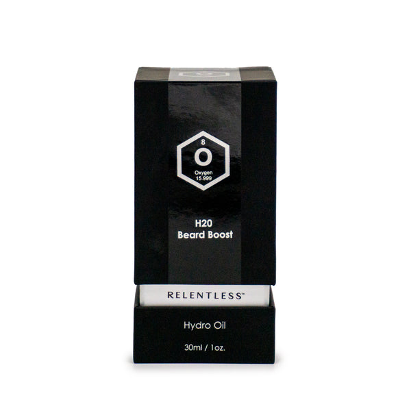 H20 Beard Boost oil bottle with natural ingredients displayed, ideal for enhancing beard growth and hydration.