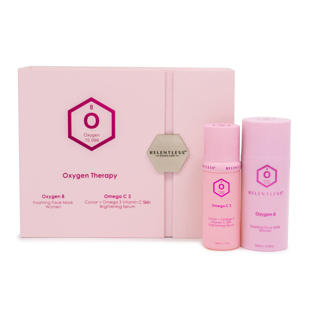 Women's Duo Skincare Set featuring Oxygen 8 Foaming Mask and Omega C Brightening Serum for rejuvenated skin.