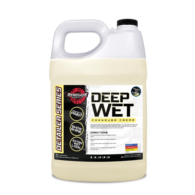 Container of Deep Wet Carnauba Crème with label, ideal for enhancing car shine and protection.