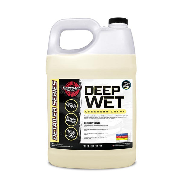 Gallon of Deep Wet Carnauba Crème showing its rich texture, ideal for enhancing vehicle shine and protection.