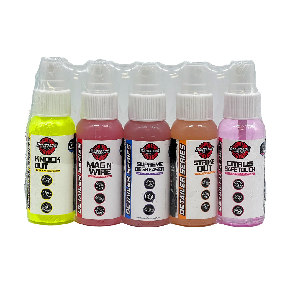 Assorted Renegade Products Sample Packs featuring cleaners, polishes, and compounds for various surfaces in neatly organized sets.