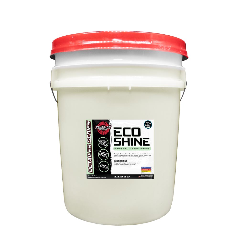 Bottle of Eco Shine Rubber, Vinyl, & Plastic Dressing for restoring and conditioning various surfaces.