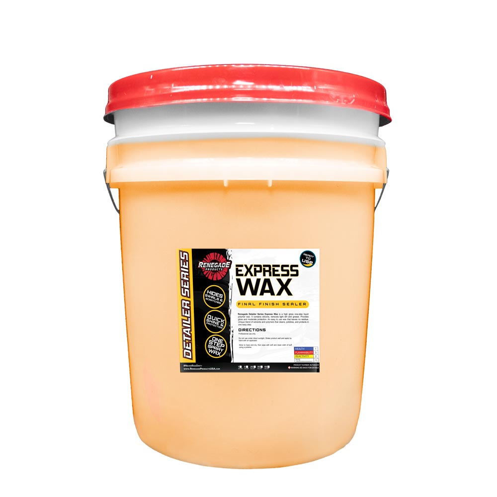 Alt text: Bottle of Renegade Detailer Series Express Wax Final Finish Sealer with microfiber pads and towel, ideal for vehicle care and UV protection.