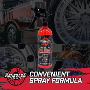 Red bottle of Renegade EZ Red Sprayable Metal Polish for easy application and superior shine on metal surfaces.