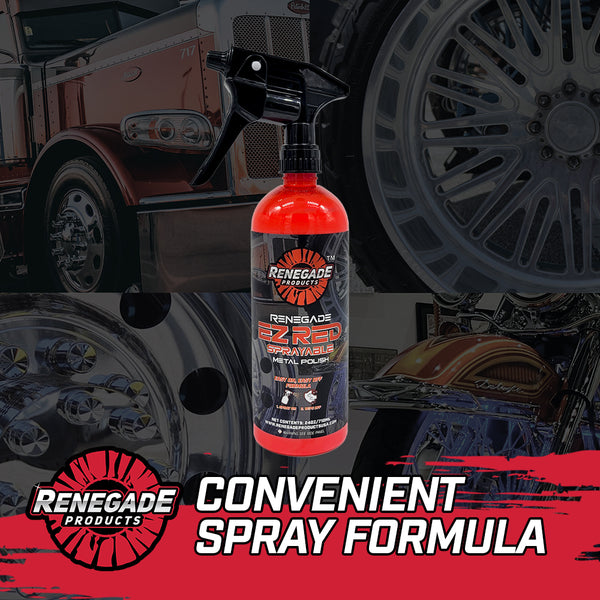 Red bottle of Renegade EZ Red Sprayable Metal Polish for easy application and superior shine on metal surfaces.
